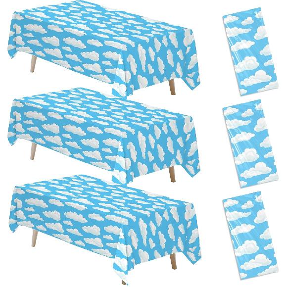 Blue Sky White Cloud Tablecloth Decorations, 3Pcs Disposable Clouds Party Table Cover Supplies for Birthday Baby Shower, and Airplane Sky Theme Party