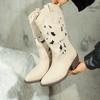Fashion Casual Hollow Out Mid Calf Western Cowboy Boots Women 2025 Pointed Toe Medium Heel Riding Boots Fashion Music Festival Shoes