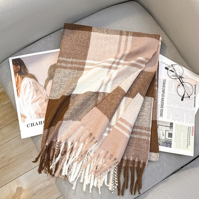 Outono e inverno novo cachecol feminino engrossado imitação de cashmere versátil estudante amigável xale longo cachecol xadrez