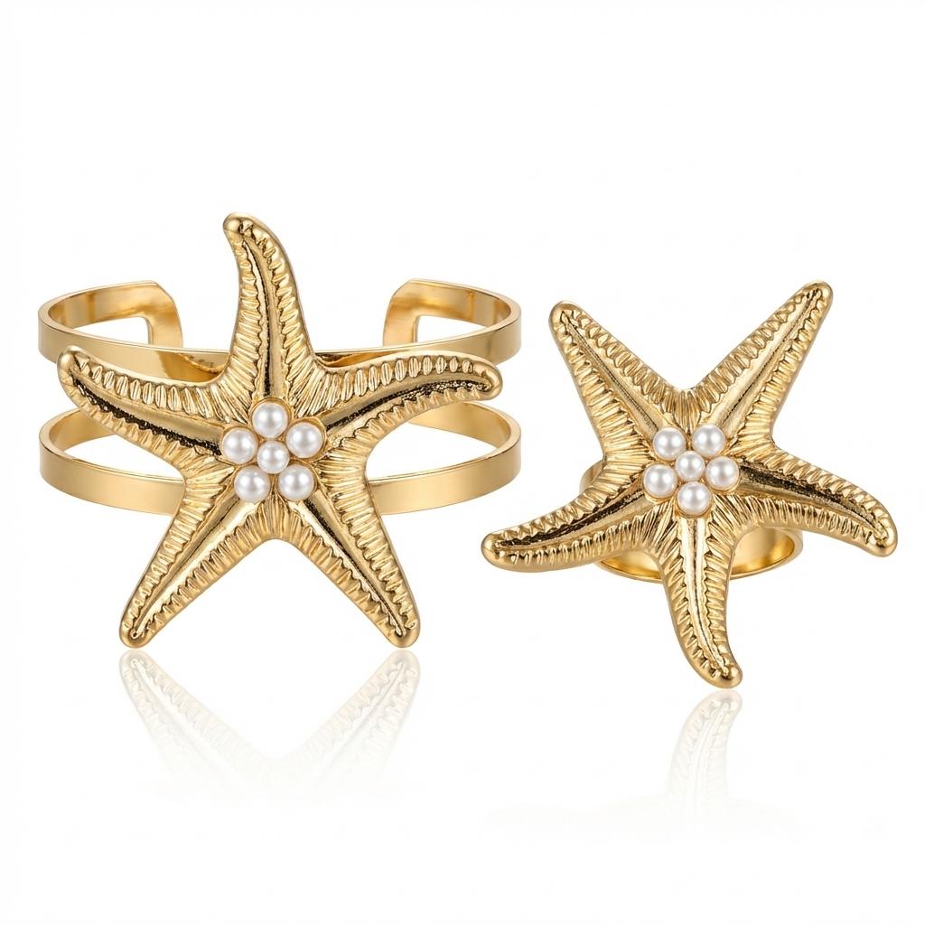 Ocean Starfish Jewelry Set for Women Charm Bracelet Stud Earrings Ring Elegant Summer Beach Vacation Accessories