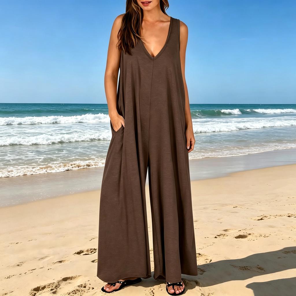 Women's Sleeveless Jumpsuit Wide Leg Pocket Romper V Neck Casual Loose Fit One Piece Outfit