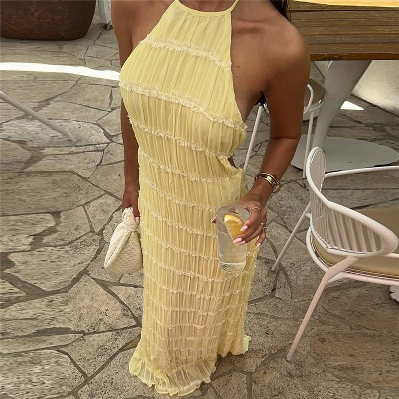 

Женское платье в европейском и американском стиле, с открытой спиной, с оборками из ткани, уникальное длинное платье, дышащее, с завязкой на талии, юбка с расклешенным подолом, идеально подходит для лета и вечеринок XS жёлтый