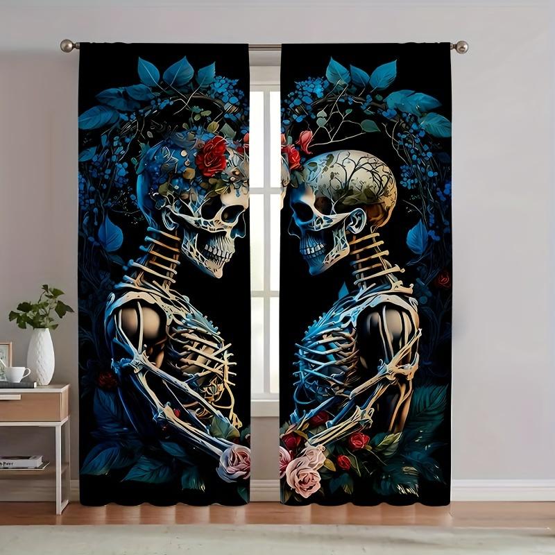 2pcs Skull Pattern Curtains Decorative Grommet Top Window Drape Window Treatments For Bedroom Living Room Home Decor Cortinas