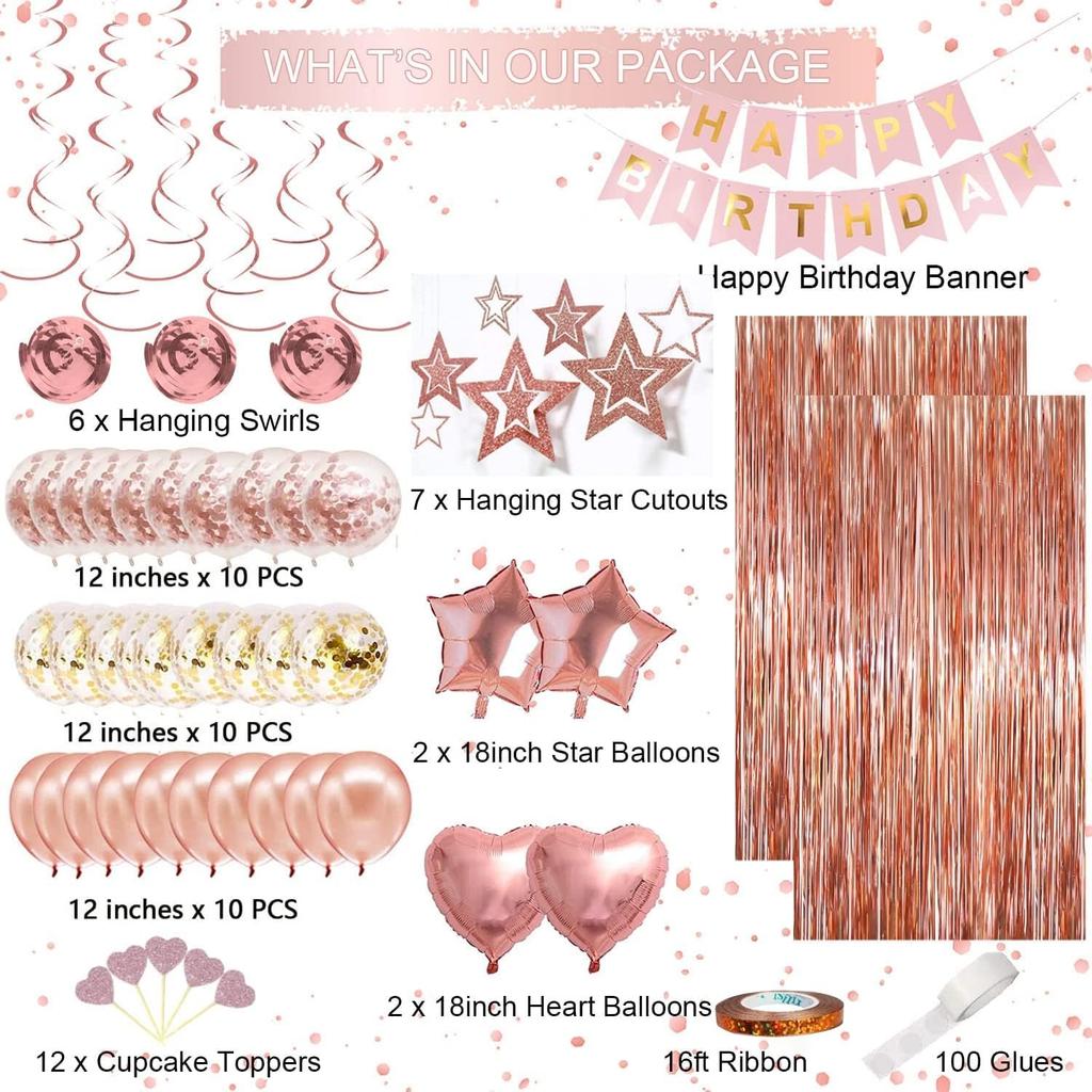 Rose Gold Birthday Party Decorations, Happy Birthday Banner, Rose Gold Fringe Curtain, Heart Star Foil Confetti Balloons, Hanging Swirls for Women