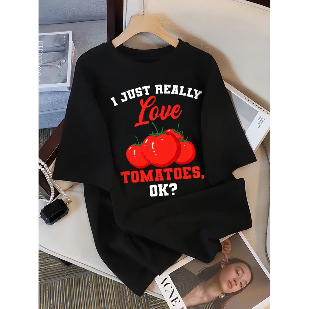 I Just Really Love Tomatoes Pattern T-Shirt Women Summer All-Match Clothing Crewneck Casual Tops Hip Hop Cotton Streetwear