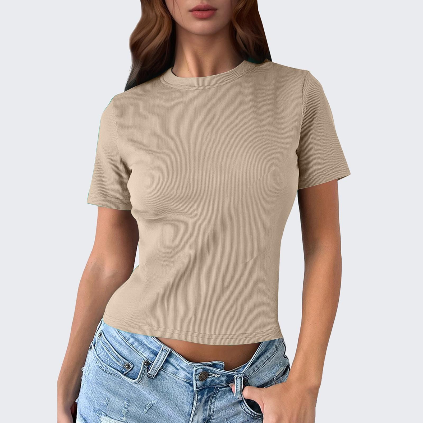 

Женские футболки с короткими рукавами и круглым вырезом, весенние топы, повседневные свободные базовые футболки S бежевый