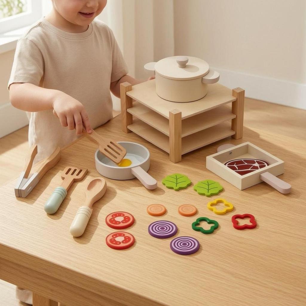 Wooden Play Kitchen Rounded Shapes Cooking Set FoodShaped RolePlay