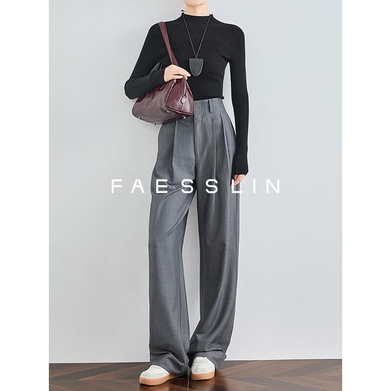 FAESSLIN Women's Grey Wrinkle-Resistant High-Waist Wide-Leg Suit Trousers