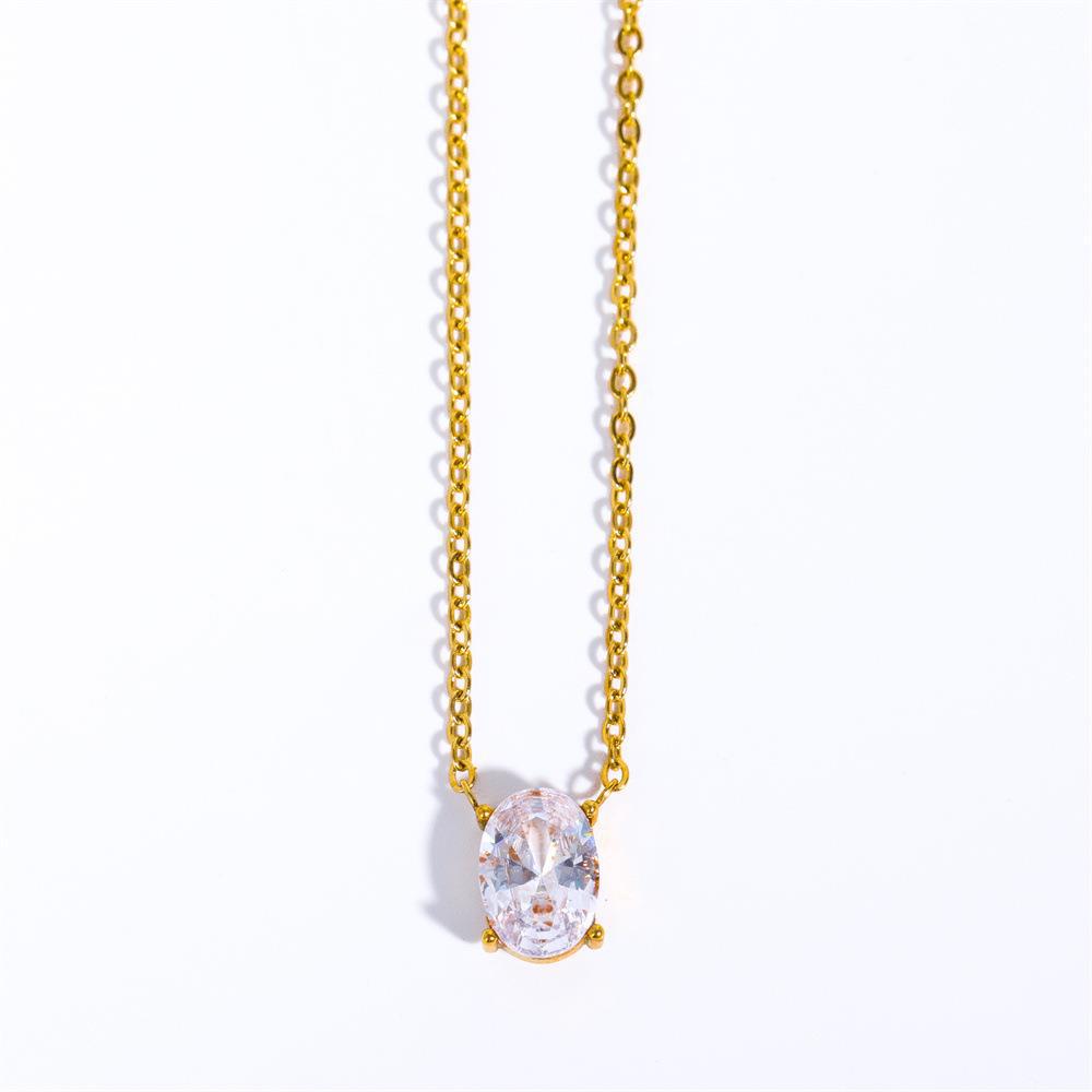 Hainon Stainless Steel Necklace Water Droplet Shaped Elliptical White Zircon Pendant Necklace 18inches