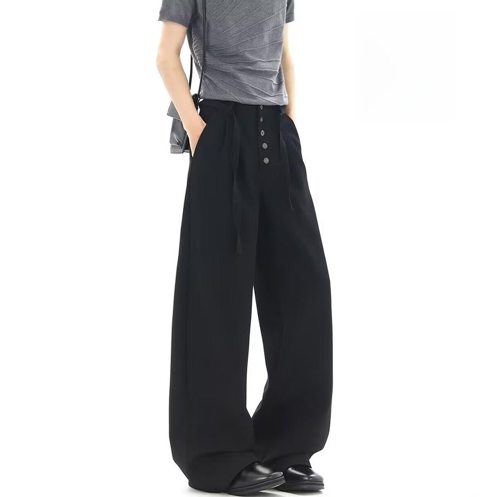 New solid color breasted design trousers men's pleated old money style high-end trendy brand loose wide-leg straight trousers