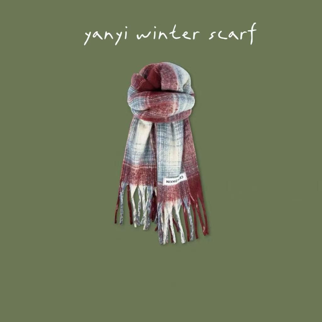 Women's Autumn & Winter Plaid Scarf: Thick Imitation Cashmere Shawl, Solid Color Neck Warmer for Students
