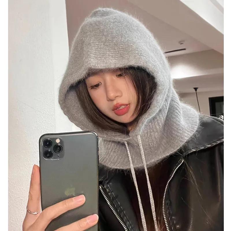 Rabbit Fur Knitted Scarf Hood Hat Women Beanies Warm Winter Unisex  Balaclava Skiing Outdoor Bonnet Thick Earflap Hat