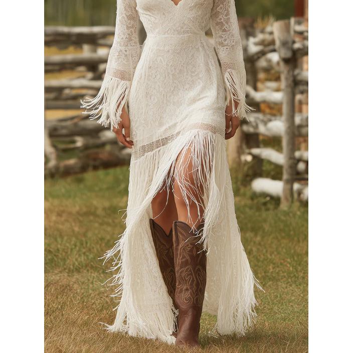 Elegantes Vintage Boho Quastenkleid für Damen Weiß Spitze V-Ausschnitt Fransenärmel Herbst Partykleid Hochzeitsgast Maxikleider