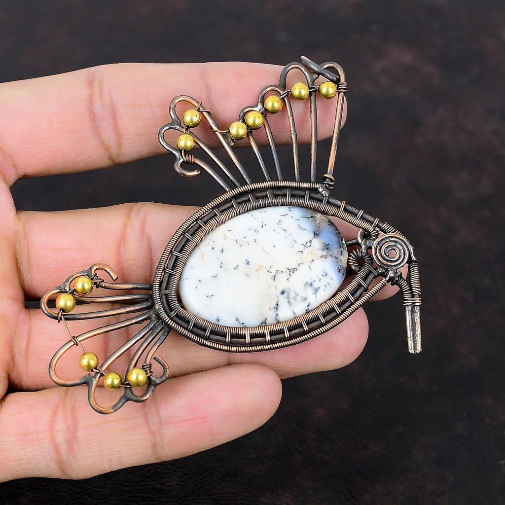 Pingente de opala dendrita, pingente de fio de cobre enrolado, pingente de pássaro com pedras preciosas, joias de opala dendrita, pingente feito à mão, joias de cobre, presente para a mãe