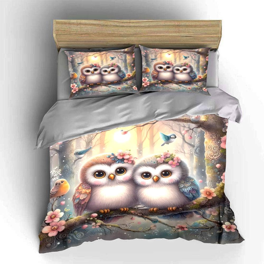 Whimsical Owls On Branch Print Bedding Set 1 Duvet Cover 2 Pillowcases for Adult and Children Luxury Gift Full Size