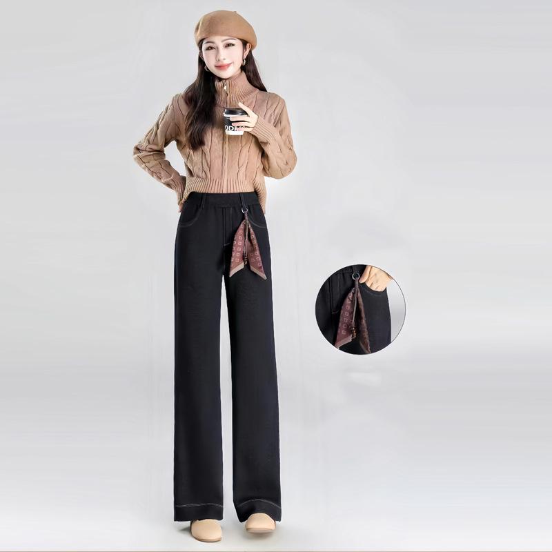 

Women s Blue Velvet-Lined Knit Flare Pants, 2025 Autumn/Winter Style, Casual Wide-Leg Design 3XL чёрный