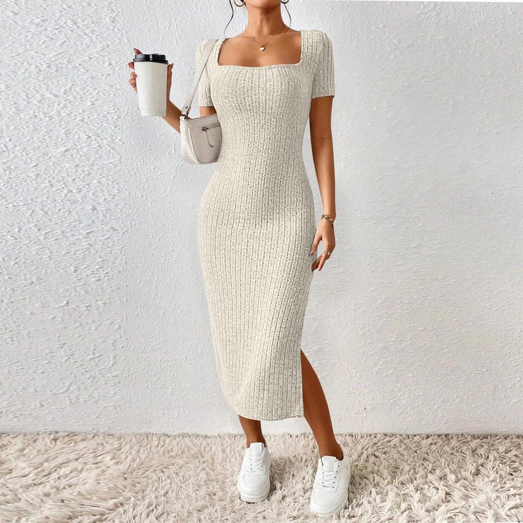 Women's New French Stand Alone Square Neck Short Sleeve Side Slit Dress