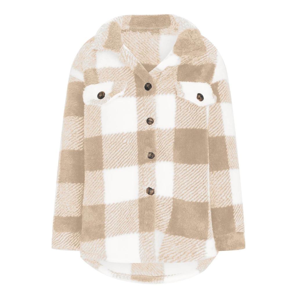 Women's  Winter Fashion Thick Plush Solid Color Plaid Button Long Sleeves Casual Sports Casual Jacket La Fleece Top With Pocket