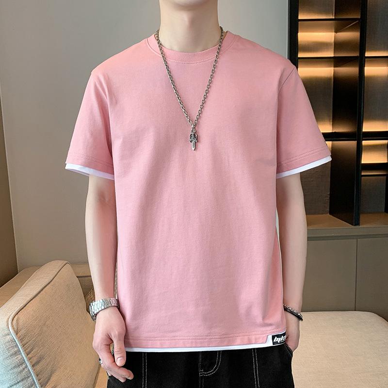 Men Contrast Trim Fake Two Piece Short Sleeve T Shirt Casual Loose Fit Summer Top
