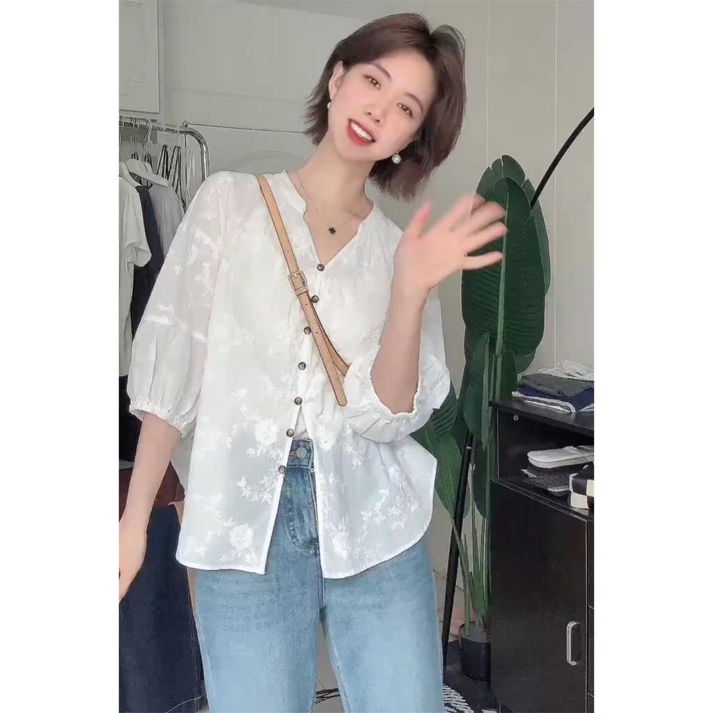 Elegant Embroidered Summer 2025 Women's Seven-Sleeve Top