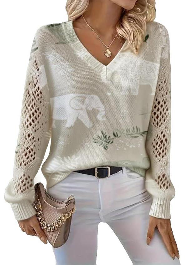 V-Neck Eyelet Print Sweater - Style HS-LY52