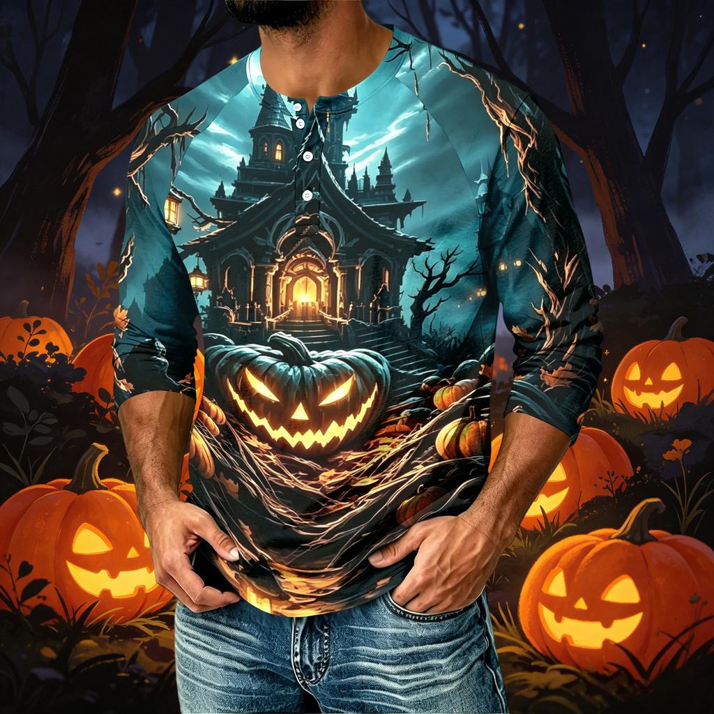Men's Casual Raglan Three-Quarter Sleeve Shirt Halloween Print