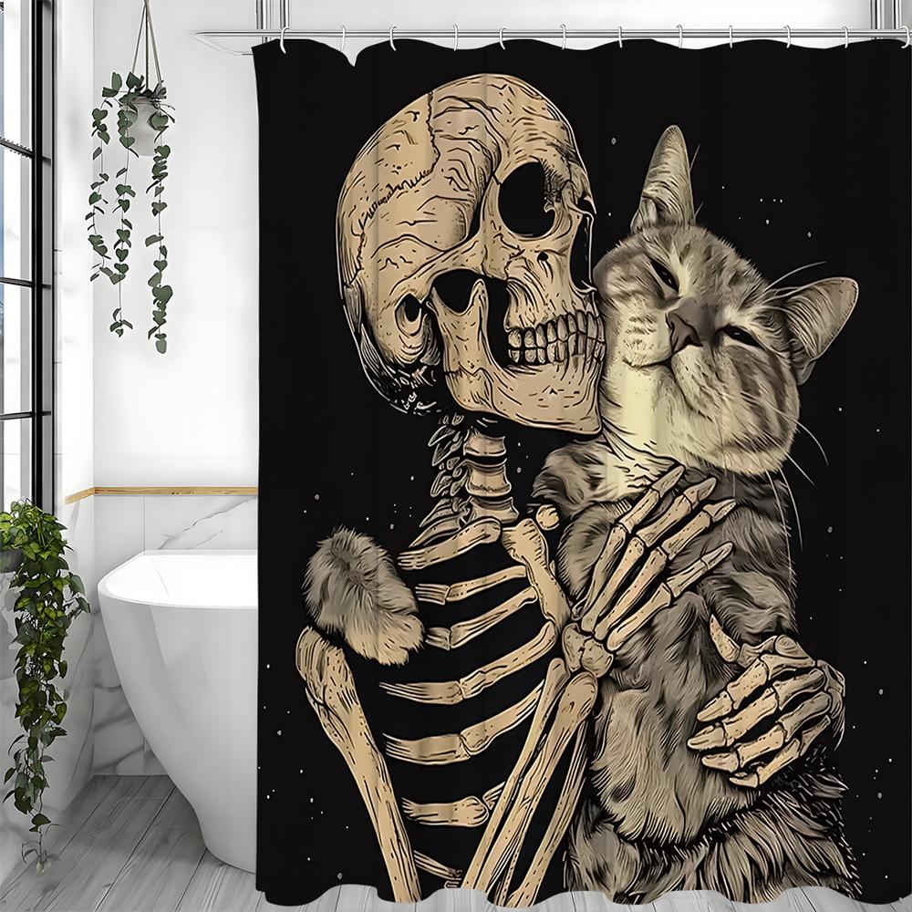 Skeleton Skeleton and Cat Shower Curtain, Bathroom Decorative Shower Curtain, Waterproof Shower Curtain with Hooks