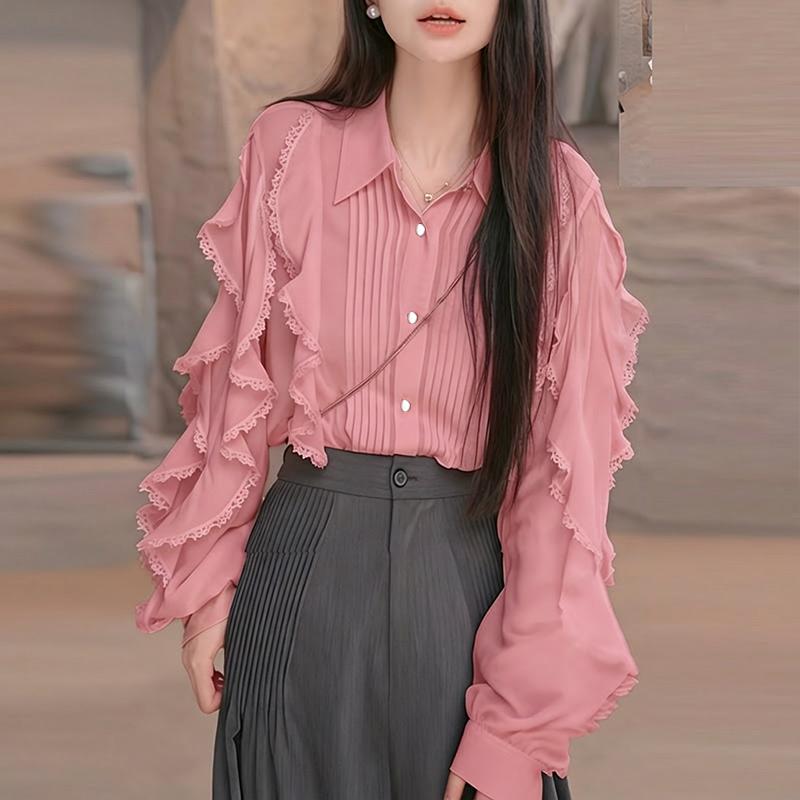 ZANZEA Women Casual Turn Down Collar Loose Ruffles Long Sleeve Blouse