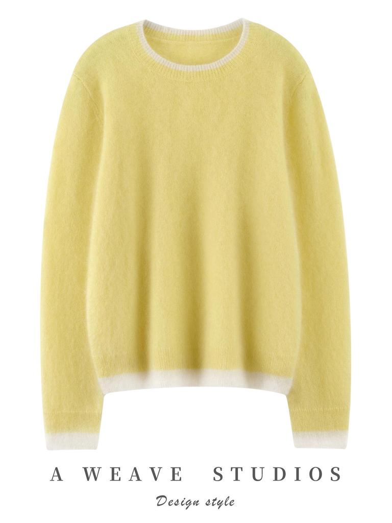 Women's 100% Cashmere Color Block Round Neck Pullover Sweater - Autumn/Winter Seven Gauge Single Ply Loose Fit