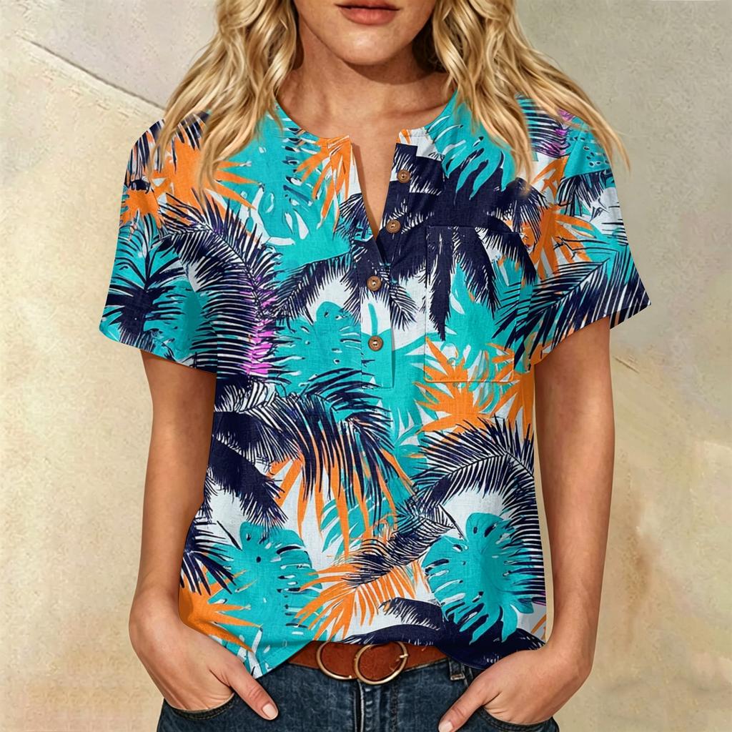 Damen Kurzarm Henley-Hemd mit Brusttasche Leichte Baumwoll-Leinen-Mischung Tropischer Print Lässiges Sommeroberteil