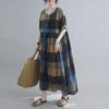 Women Cotton and Linen Dress Vintage Plaid Print O Neck Half Sleeves Side Pockets Robes Casual