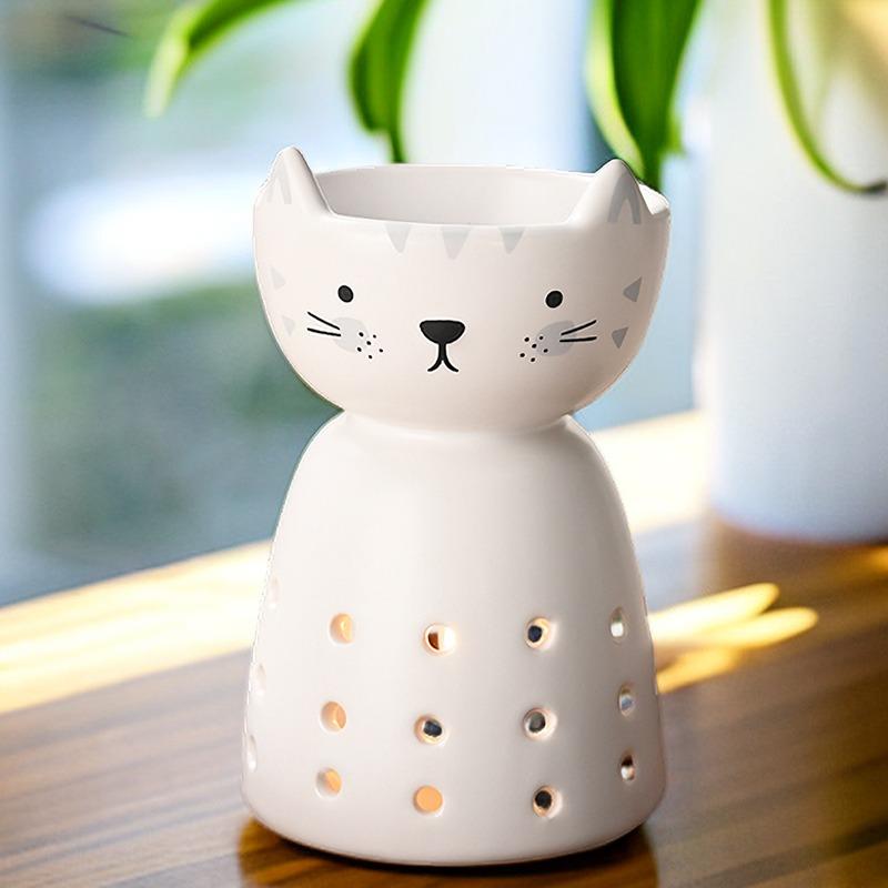 Cute Cat Ceramic Essential Oil Burner - Aromatherapy Wax Melt Warmer Tealight Holder for Home Fragrance & Decor