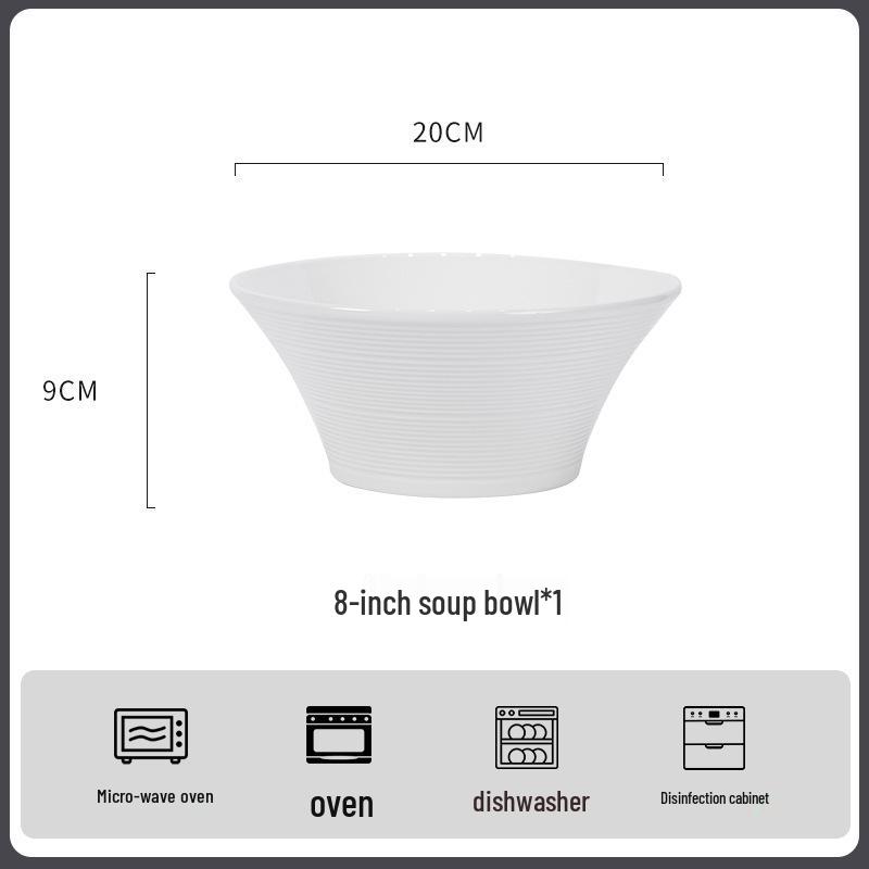 Žebrovaná bílá keramická sada nádobí pod glazurou: Zahrnuje talíře, hůlky, polévkové, nudlové a rýžové misky