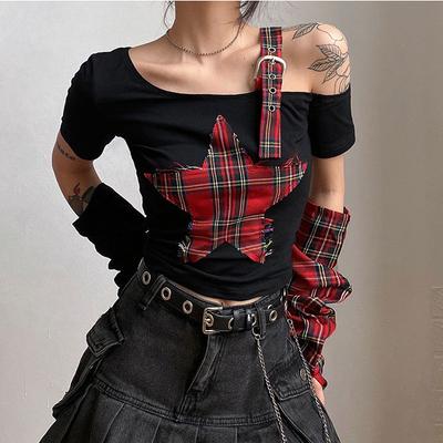 VAYLA Summer Star Patchwork Crop Tops Plaid T Shirt Women Fashion Off Single Shoulder Y2k Tee OverSleeve Fairy Grunge Shirts