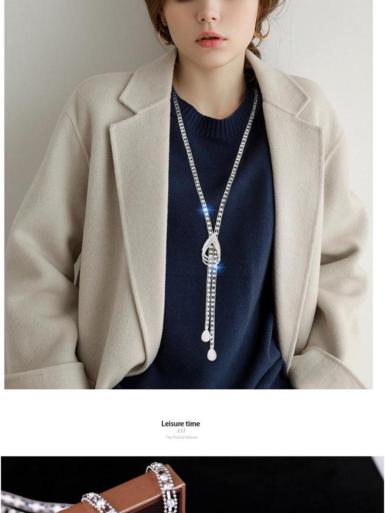 Korean Style Flash Diamond & Pearl Sweater Necklace - Women's Long, Simple, Versatile Accessory