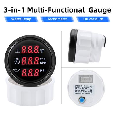 52 mm 3-in-1-Multifunktionsmessgerät Wassertemperaturmessgerät mit Sensor Auto-Tachometer Drehzahlmesser 1/8NPT Öl-Kraftstoffdruckmessgerät