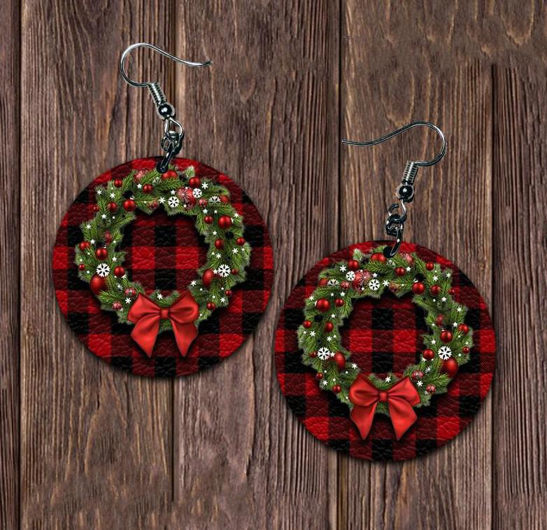 

New Red Plaid Christmas Hoop Earrings with Creative Leather Print