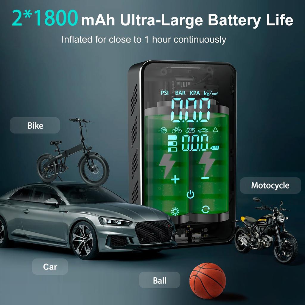18000mAh Car Tire Inflator With LED Emergency Lights Portable Air Compressor Tire High-Pressure Pump With LED Display With Touch Screen