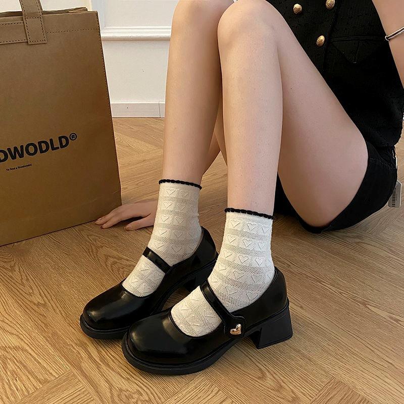 2025 new JK small leather shoes women's thick heel with one-word buckle late evening wind high heel single shoes French Mary Jane shoes