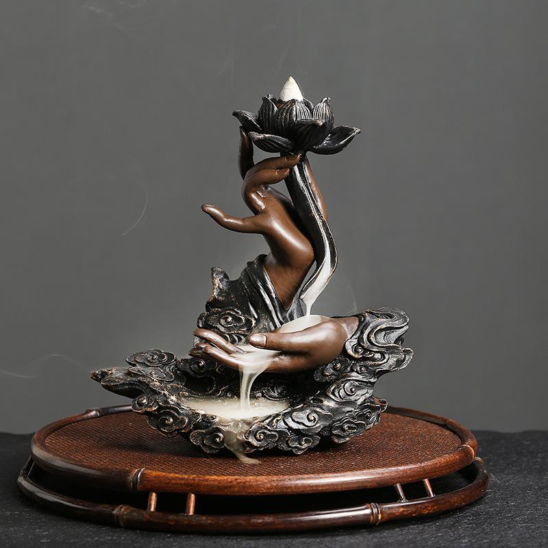 

1pc MiniDeal Handmade Resin Backflow Incense Burner - for Lotus Buddha Hand Waterfall Design, for Relaxation,Handmade Design белый