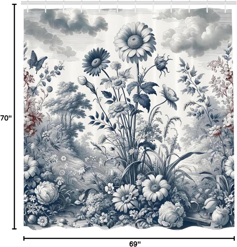 Floral Eucalyptus Shower Curtain, Wild Flowering Meadow In Vintage Engraving Style Botanic Art, Cloth Fabric Bathroom