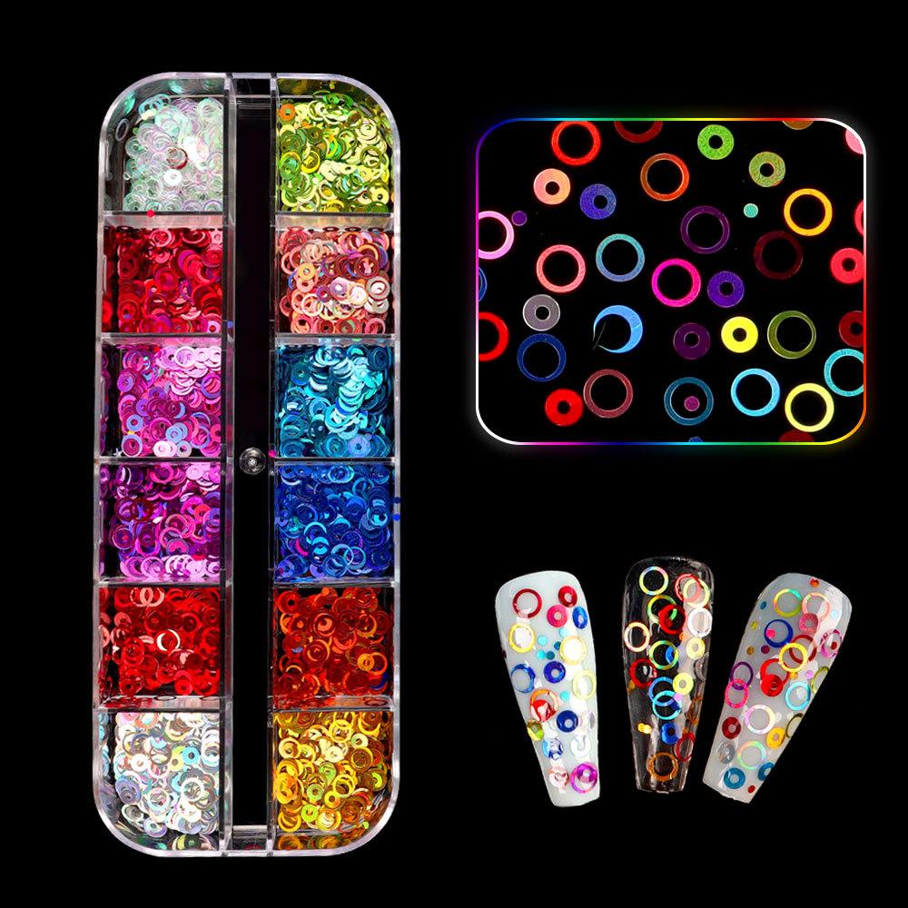 Nagelglitzer-Pailletten, 12 Gitter/Box, Zellstoff, unregelmäßige Flocken, Nagelglitzer, glänzender Laser, mehrfarbig, Nagelkunst-Dekoration