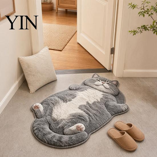 Non-slip Floor Mat Cute Cat Bathroom Rug, Anti-Slip Absorbent Bath Washable Plush Pet Themed Rug Kitty Door for Entrance Kitchen Home Decor