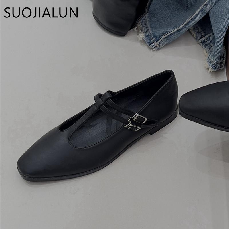 Fashion SUOJIALUN Spring New Women Flat Shoes Fashion Round Toe Shallow Slip On Ladies Mary Jane Shoes Flat Heel Outdoor Dress Ballerina