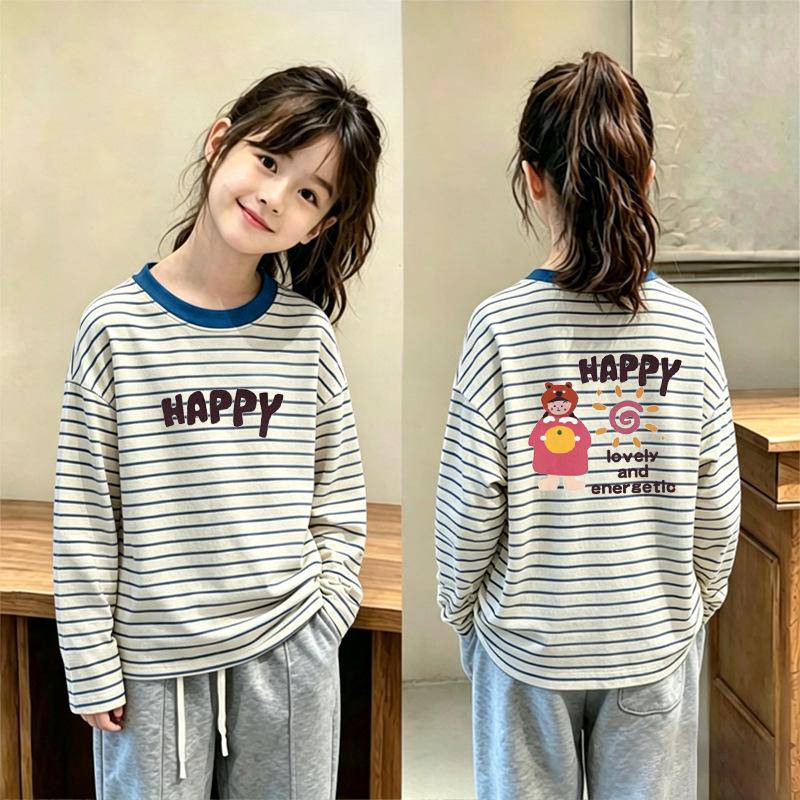 Striped Long-Sleeve Color Block T-Shirt for Girls - Casual Spring/Autumn Round Neck Base Layer Top