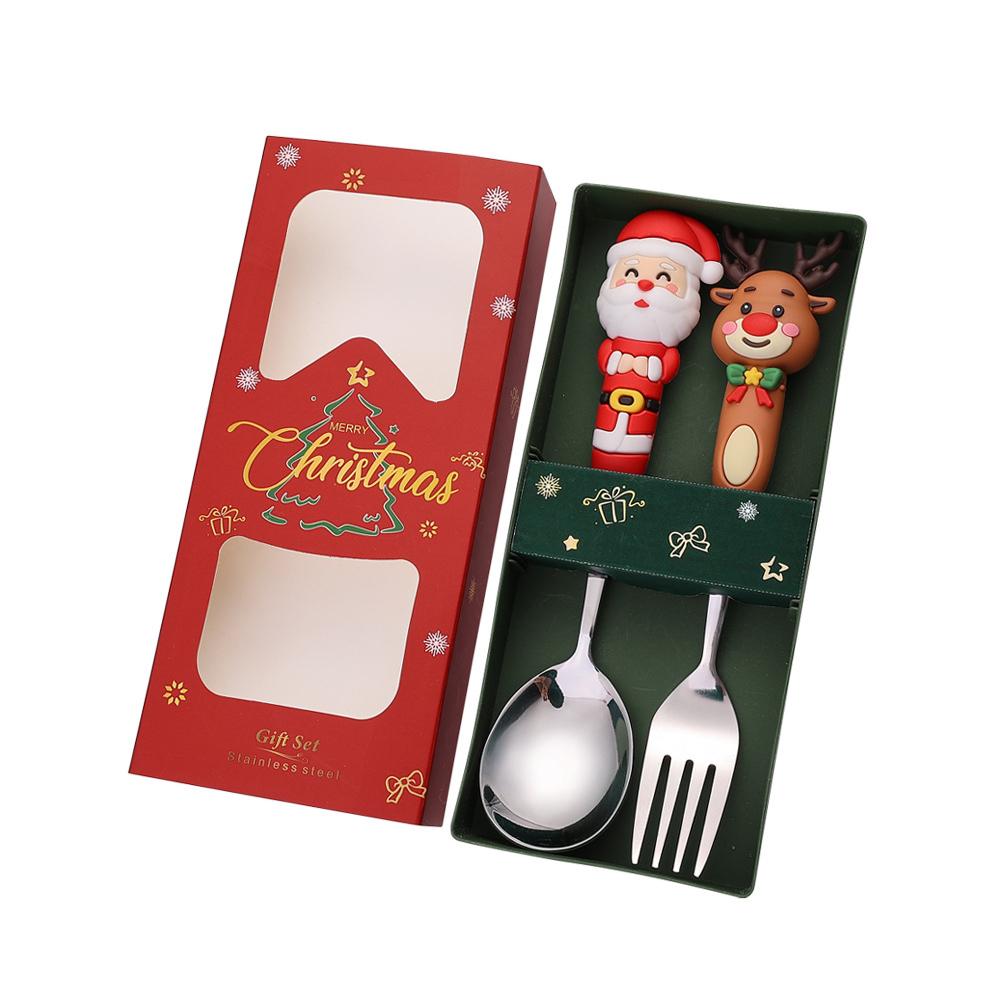2/4Pcs Christmas Dinnerware Stainless Steel With Luxury Gift Box Tableware Dessert Fork Coffee Spoon Santa Cutlery For Christmas