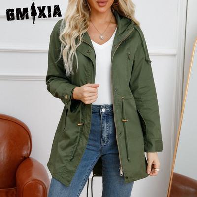 Damen Einfarbiger Print Baumwoll-Trenchcoat mit Kapuze Damen Frühling und Herbst Mantel Groß Einfarbiges Kleid Damen Langarm Jacken & Mäntel