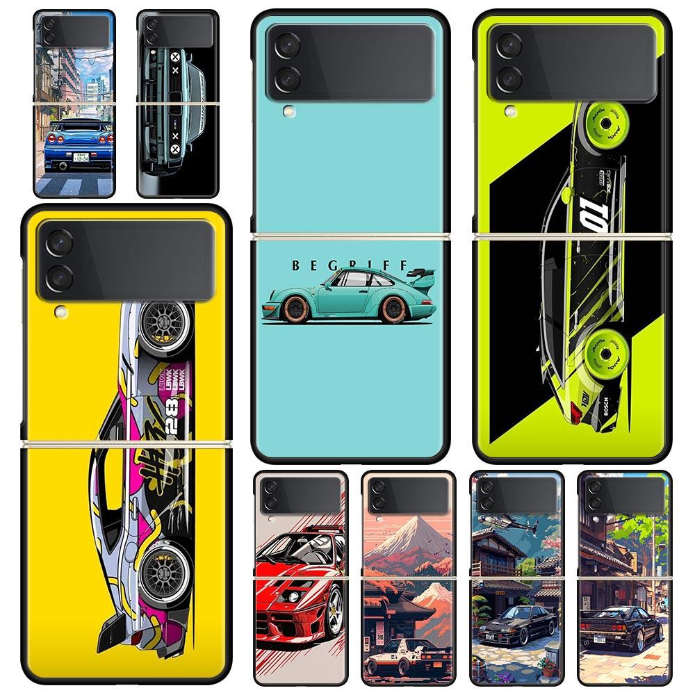 Phone Case for Samsung Galaxy Z Flip 3 4 5 6 Folding Black Shell JDM Tokyo Drift Sports Car For Samsung Z Flip4 Flip5 PC Cover