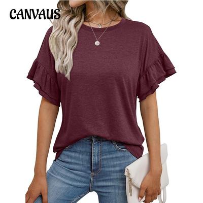 Women's Spring and Summer Round Neck Lotus Sleeve Short Sleeve T-shirt Top