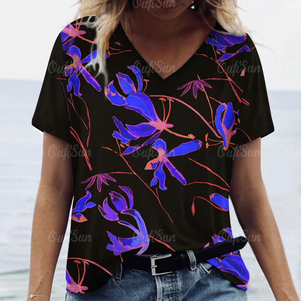 2024 T-Shirt für Damen Floral bedruckte Oberteile Damen Übergröße Kleidung T-Shirts Sommer V-Ausschnitt Oberteile Shirt Original Design T-Shirts